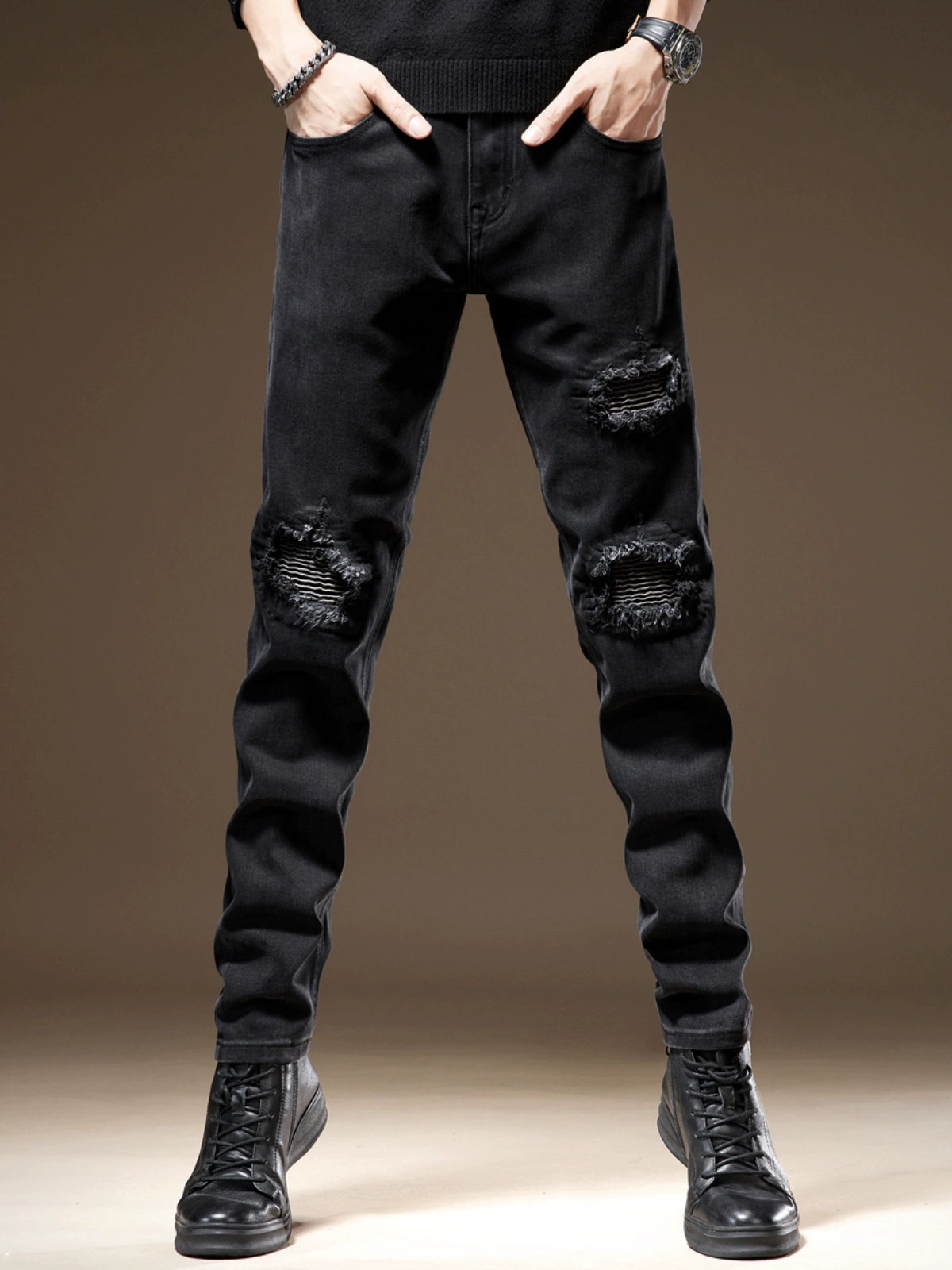 Trendy Fashion Thread Black Autumn Tapered Jeans