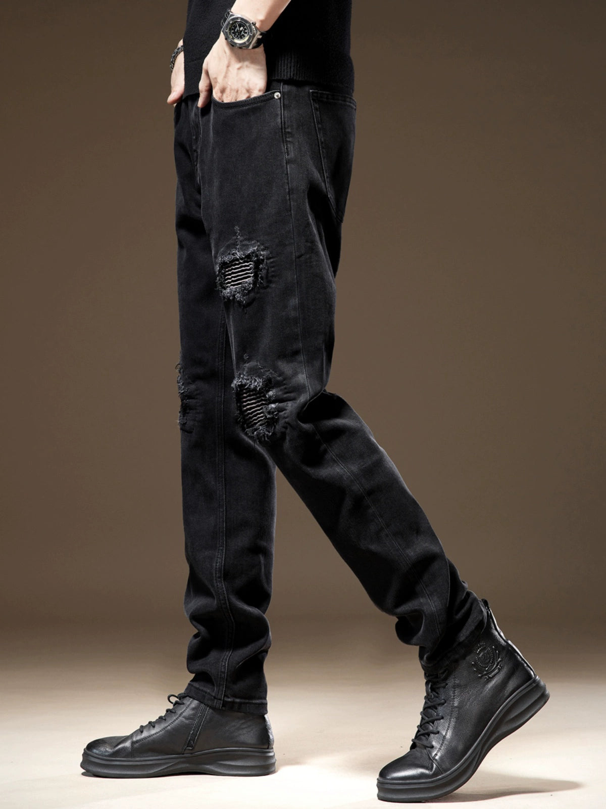 Trendy Fashion Thread Black Autumn Tapered Jeans