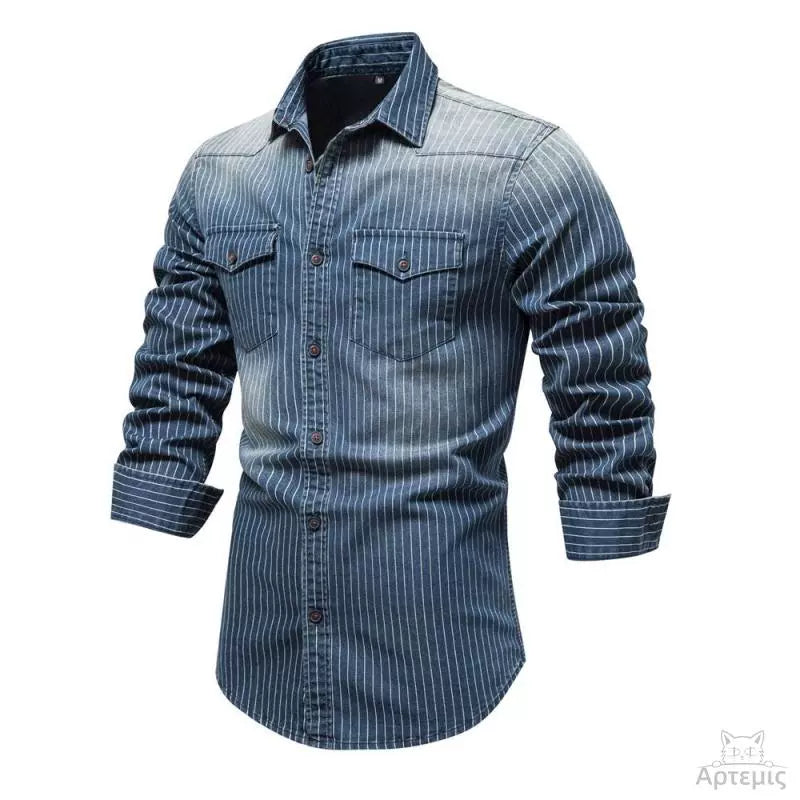 Vintage Fashion Striped Denim Long-Sleeve Shirt