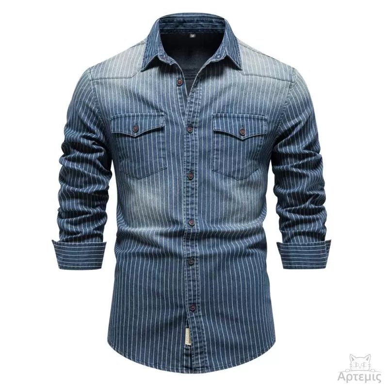 Vintage Fashion Striped Denim Long-Sleeve Shirt