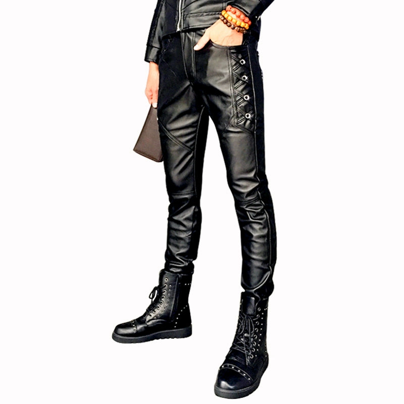 Autumn and Winter Korean Style Hair Stylist Nightclub Wind-Proof Integrated Leather Pants