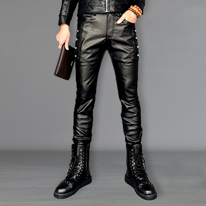 Autumn and Winter Korean Style Hair Stylist Nightclub Wind-Proof Integrated Leather Pants