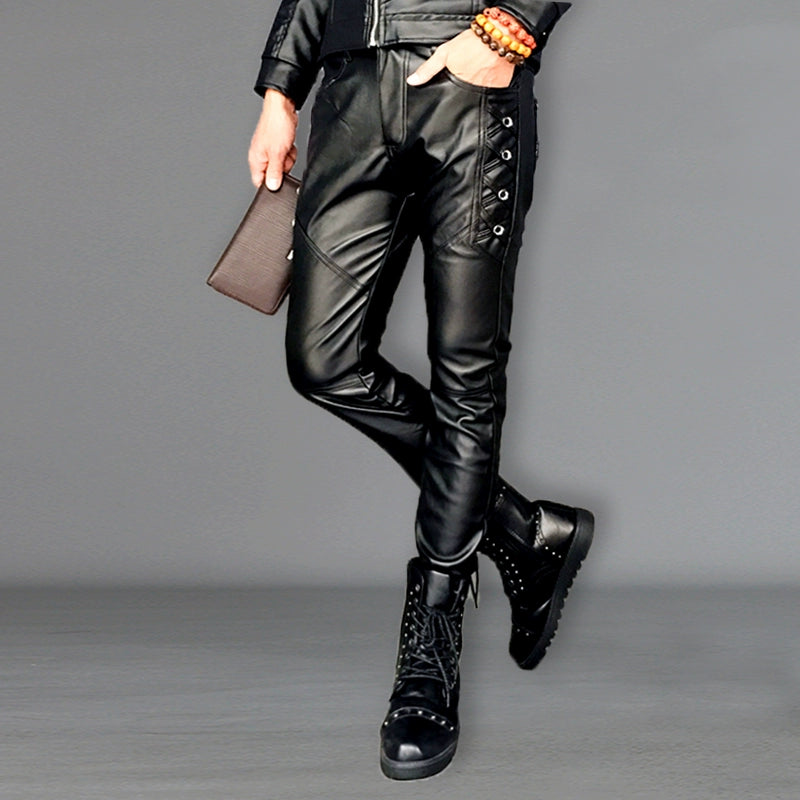 Autumn and Winter Korean Style Hair Stylist Nightclub Wind-Proof Integrated Leather Pants